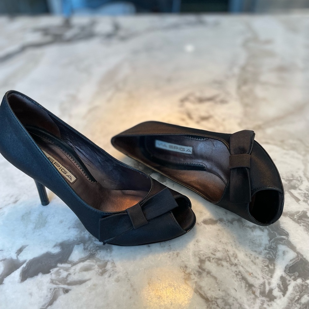 Via Spiga Divert Black Satin Peep Toe Heel with Bow.